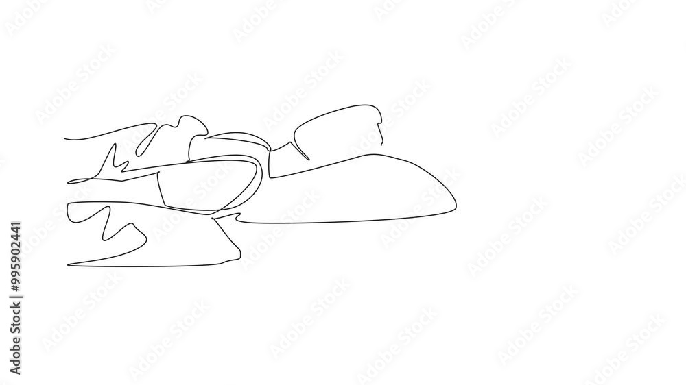 Poster animation of single one line drawing man sleeping with blanket next to alarm clock. sleep deeply. re