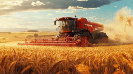 Obraz premium Harvesting wheat with powerful combine harvester in golden field under bright sky, showcasing beauty of agricultural machinery and bounty of nature