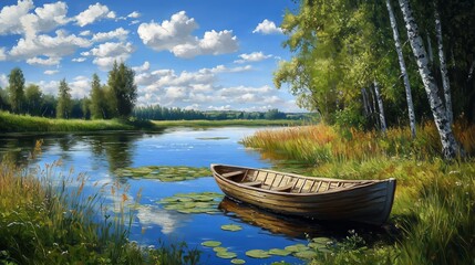 Obraz premium A beautiful painting of the Russian landscape, a small wooden boat on the river bank among birches and grasses, lily pads in the water, trees, a sunny day, a blue sky with clouds, bright colors,