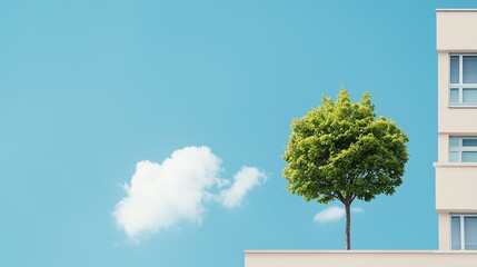Minimalist image of a green tree on a modern building rooftop against a blue sky with a fluffy white cloud.