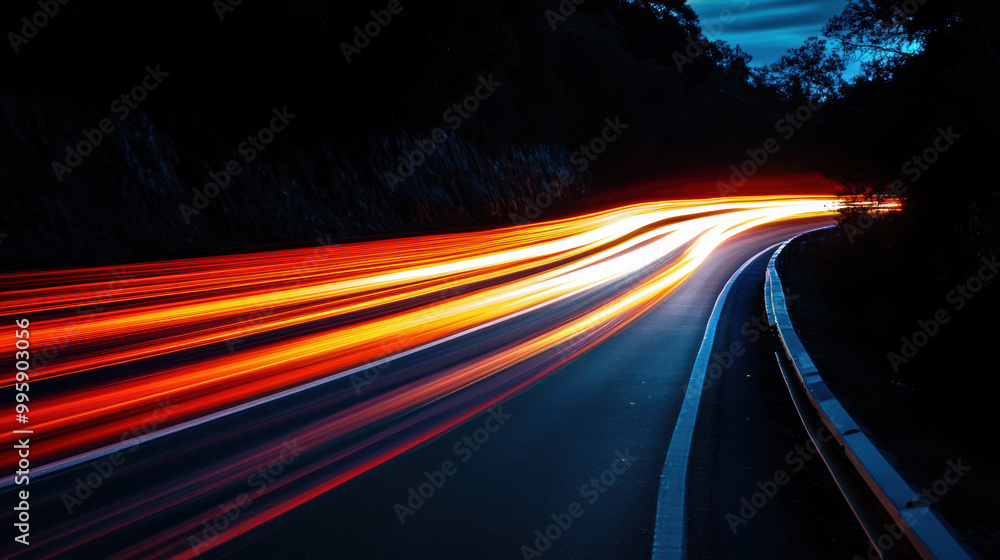 Poster long exposure shot of winding road with vibrant light trails from passing vehicles, creating dynamic