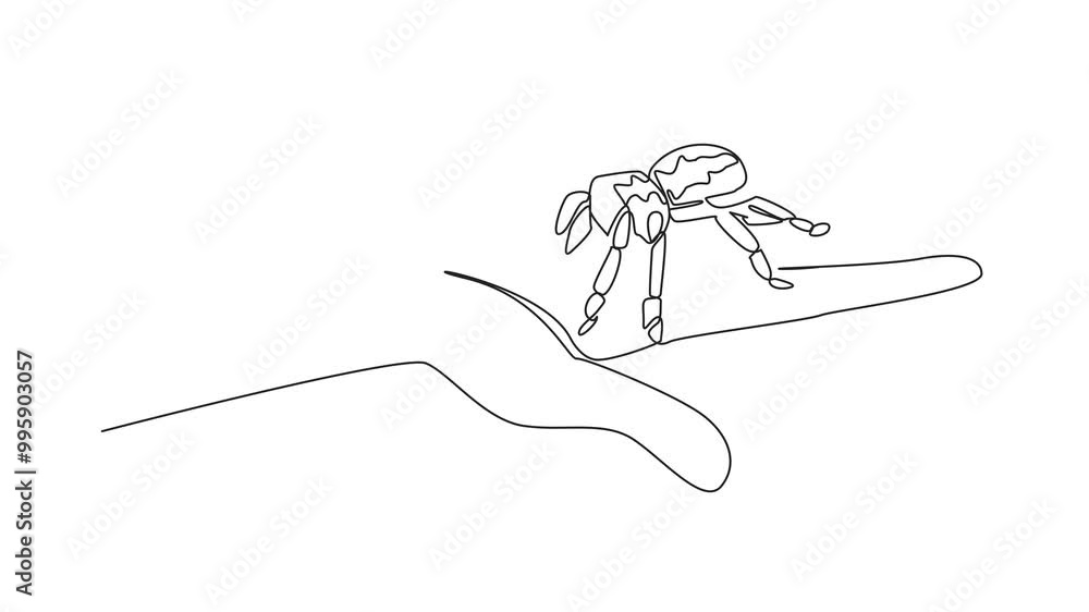 Poster animated self drawing of continuous line drawing big spider on palm. tarantula on palm of a brave ma