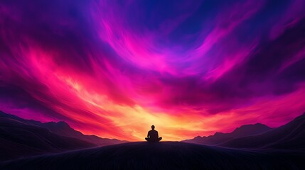Fototapeta premium Person meditating under vibrant sunset sky, depicting calm and tranquility. Beautiful colors merging in the horizon with a serene silhouette.