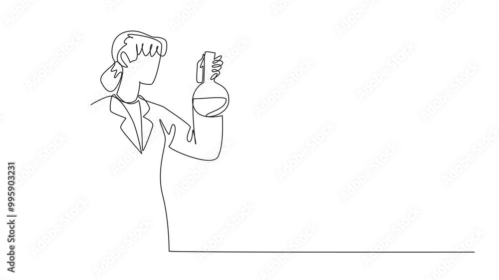 Poster self drawing animation of single line drawing female scientist holding test tube and measuring flask