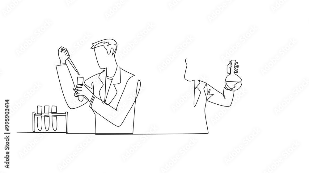 Poster animated self drawing of single continuous line drawing scientists work together in a lab. chemists 