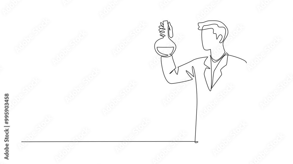 Poster animation of continuous line drawing male scientist holding test tube and measuring flask. chemists 