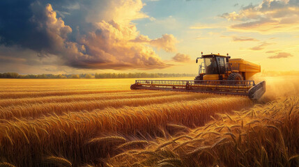 Fototapeta premium Harvesting wheat in golden field at sunset, showcasing combine harvester working diligently. vibrant sky and rippling wheat create serene agricultural scene