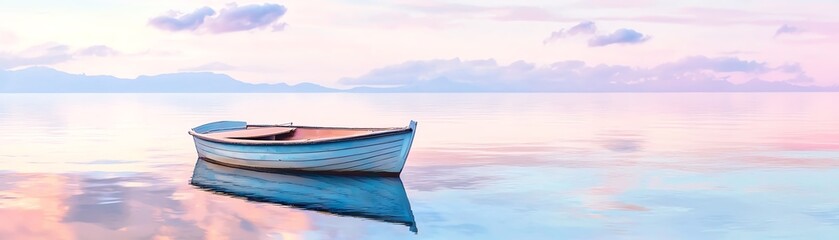 Naklejka premium Serene sunrise over calm lake with a solitary boat reflecting on the water's surface. Tranquil and peaceful scenery.