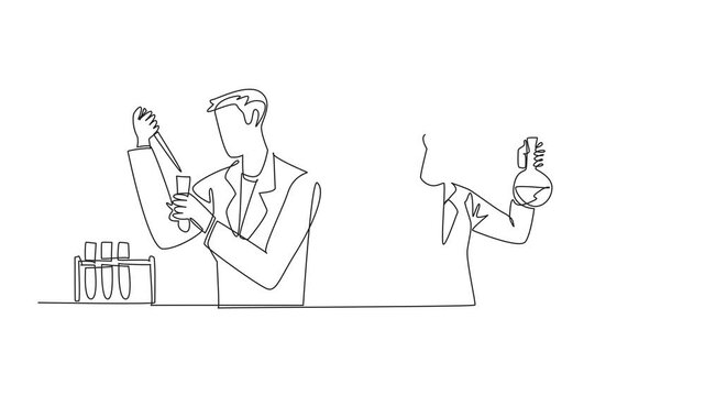 Animated self drawing of single continuous line drawing scientists work together in a lab. Chemists who work seriously in their field. Celebrate Scientists Day. Full length single line animation