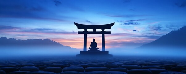 Silhouette of a Buddha statue and Torii gate against a serene sunset and mountain backdrop with mist.