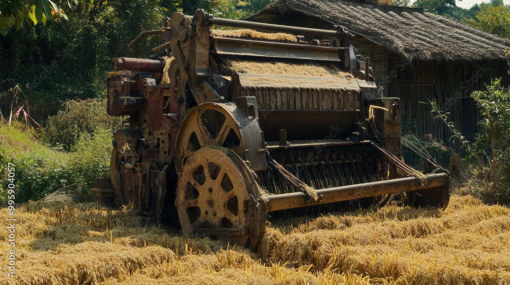 Poster rice husker is essential agricultural machine used for removing husks from harvested rice, showcasin