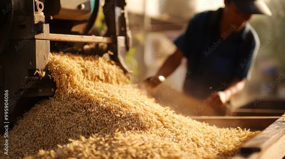 Poster harvesting rice involves machine that efficiently removes husk from grains, showcasing process of ri