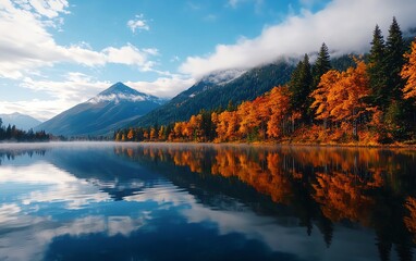 Obraz premium Stunning autumn landscape with vibrant foliage reflecting in a calm lake, surrounded by mountains under a blue sky with white clouds.