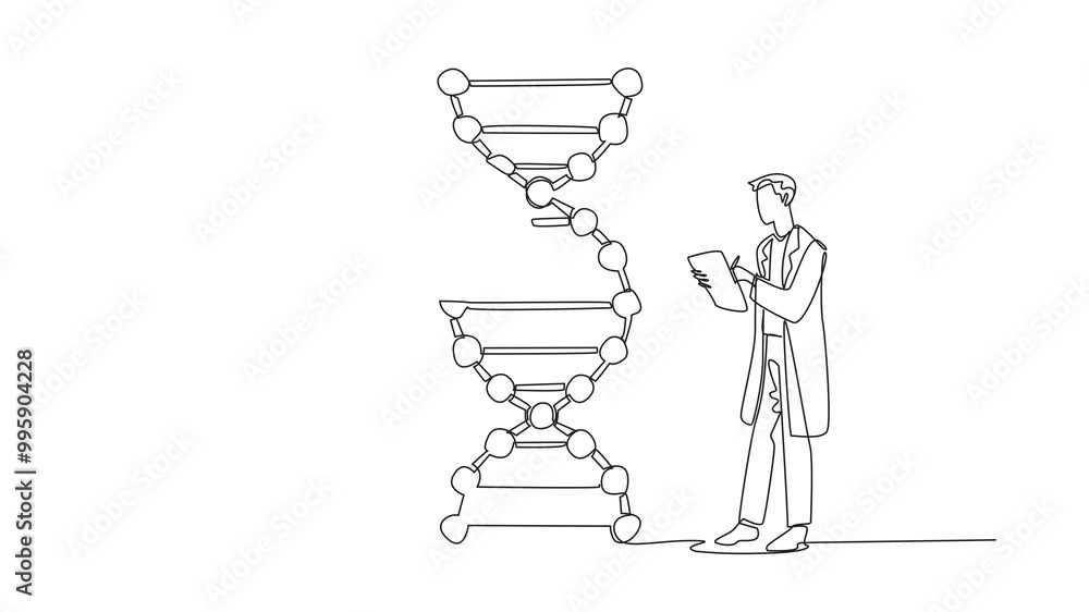Poster animated self drawing of continuous line drawing female scientist standing near large dna structure 