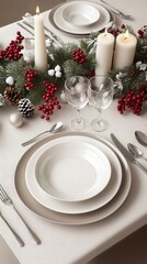 The dining table is elegantly arranged with white plates, silver utensils, and adorned with pinecones and candles, creating a warm, inviting atmosphere for the holidays
