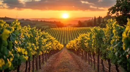 Naklejka premium Scenic vineyard at sunset with rows of grapevines.