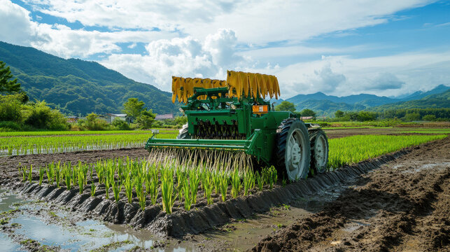 rice transplanter is actively working in lush green field, efficiently planting rice seedlings in neat rows. vibrant landscape is surrounded by mountains and clear blue sky, showcasing beauty of