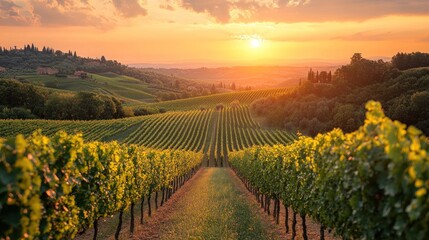 Scenic vineyard landscape at sunset with lush green rows.