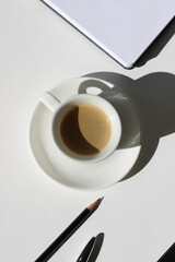 Espresso Coffee Top View on Office Desk with Open Notebook, Pencil, Pen. Planning Concept. Work, Business, Finance.