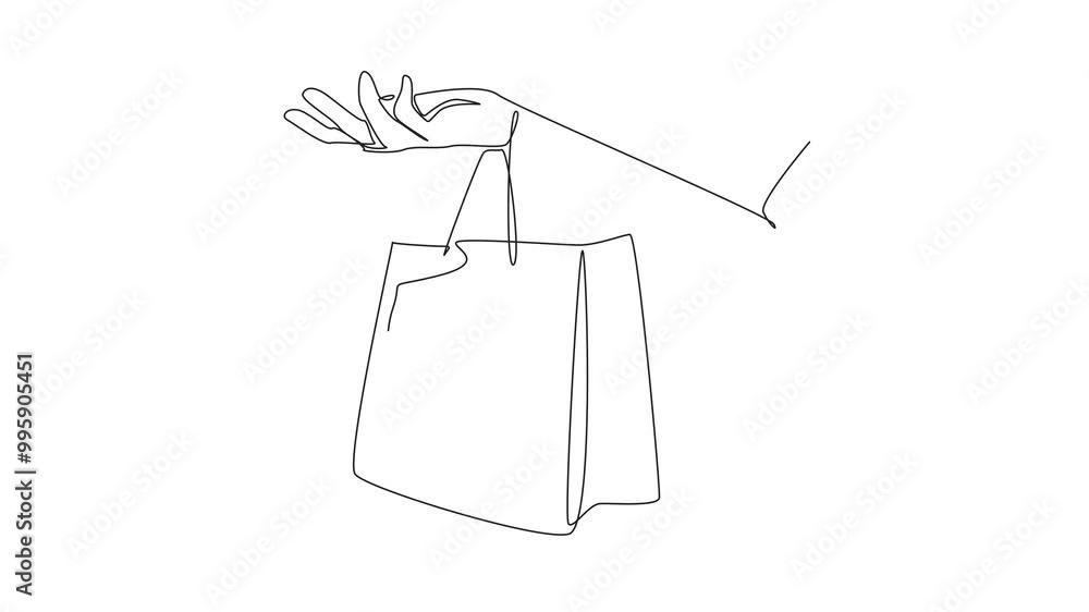 Poster animation of continuous line drawing a shopping bag with globe image on it. a bag that does not harm