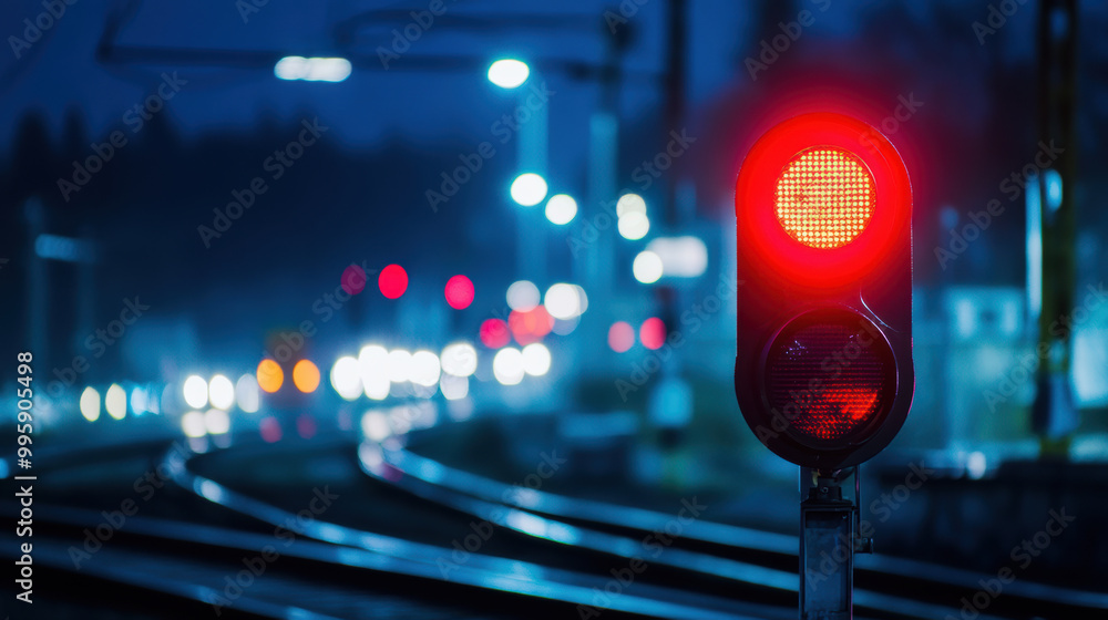 Poster red traffic signal illuminates night, guiding drivers to stop safely at intersection. blurred lights