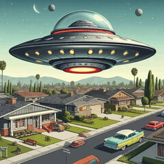 Classic flying saucer spacecraft hovering illusration