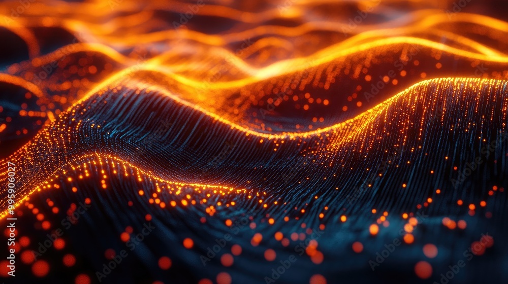Poster a close-up view of swirling digital particles creating a dynamic holographic wave effect, set agains