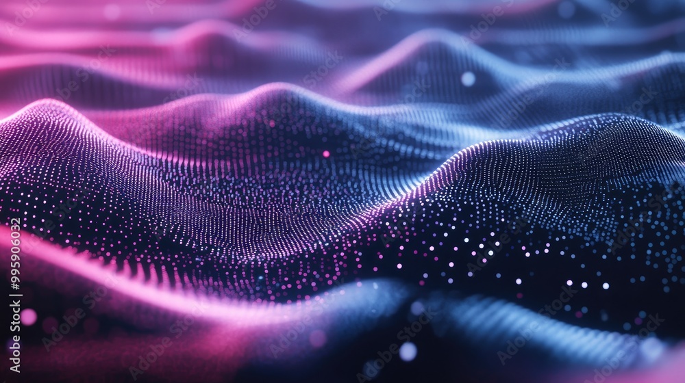 Poster a close-up view of swirling digital particles creating a dynamic holographic wave effect, set agains