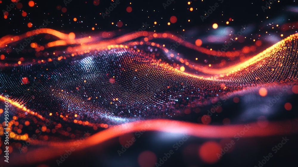 Poster a close-up view of swirling digital particles creating a dynamic holographic wave effect, set agains