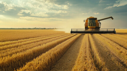 Fototapeta premium Harvesting wheat in golden field, combine harvester works efficiently under dramatic sky. scene captures essence of agricultural productivity and beauty of rural landscapes