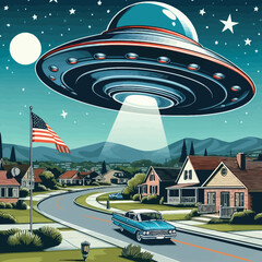 Classic flying saucer spacecraft hovering illusration