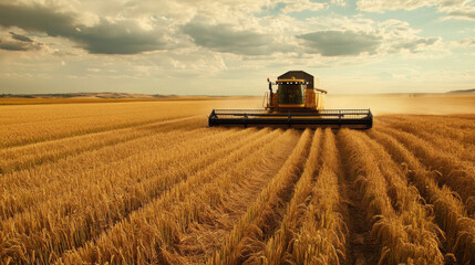 Harvesting rice crops with combine harvester in golden field under dramatic sky. scene captures essence of agricultural productivity and beauty of rural landscapes