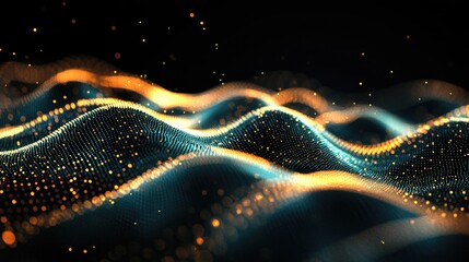 A dynamic wave of luminous particles forming a holographic pattern on a sleek, dark background, ideal for modern digital technology themes.