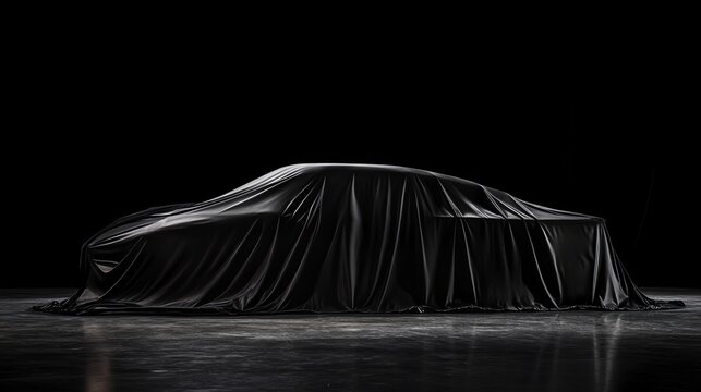 A black car is covered with a black sheet, creating a sense of mystery.