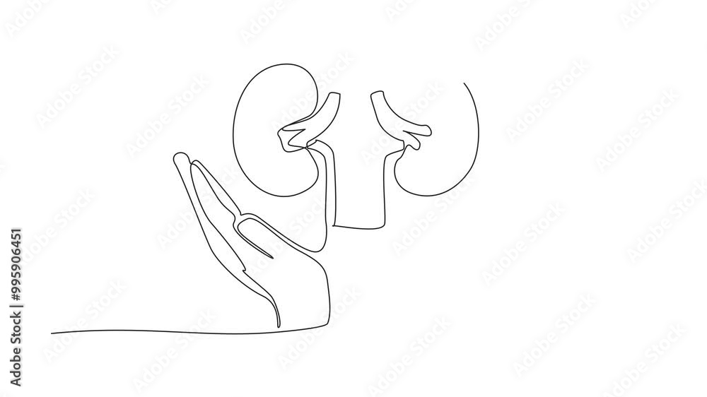 Poster animated self drawing of continuous line drawing kidneys supported by both hands. lack of concern in