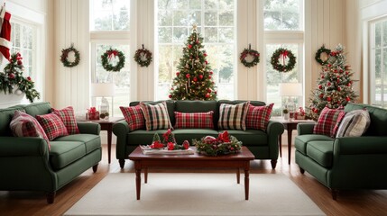 This living room features festive Christmas decorations, including wreaths and a small tree, providing a warm and inviting setting ideal for holiday gatherings and celebrations.