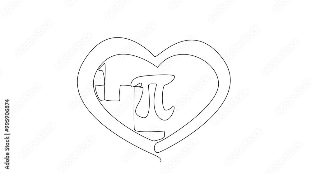Poster animated self drawing of continuous line drawing heart shaped apple pie with pi sign in the middle. 
