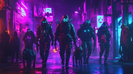 A group of friends in advanced ghost costumes, with their robotic pets dressed up as spooky spirits, walking down a neon-lit street filled with futuristic Halloween decor.
