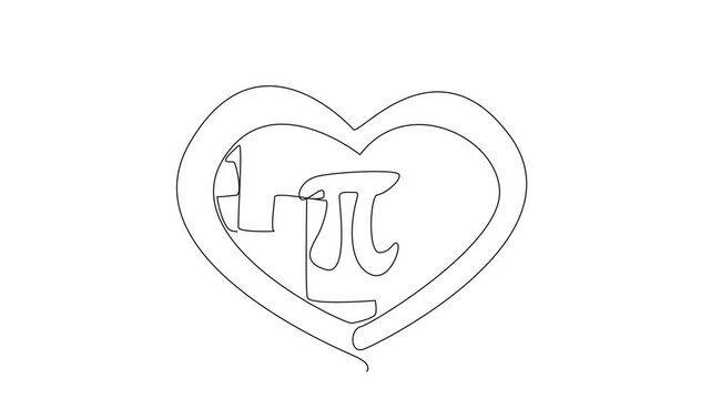 Animated self drawing of continuous line drawing heart shaped apple pie with pi sign in the middle. Love math formulas with all the heart. Fun. Exciting. Pi Day. Full length single line animation