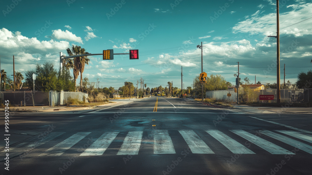 Poster image depicts deserted intersection with traffic light showing red, surrounded by palm trees and cle