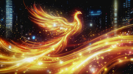 Obraz premium Phoenix Fiery bird ablaze with bright flames, soaring through dark space, radiating energy and rebirth
