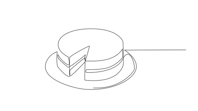 Self drawing animation of continuous one line drawing the coconut torte sliced served on plate. The cut part has been taken to be enjoyed. Delectation. National Coconut Torte Day. Full length animated