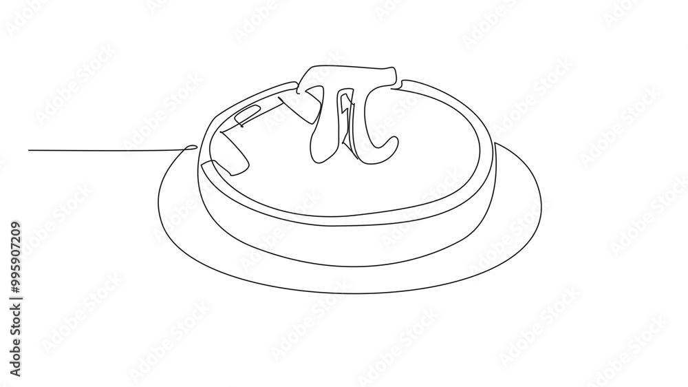 Poster animation of continuous line drawing apple pie round shaped cake with pi sign in the middle. math is