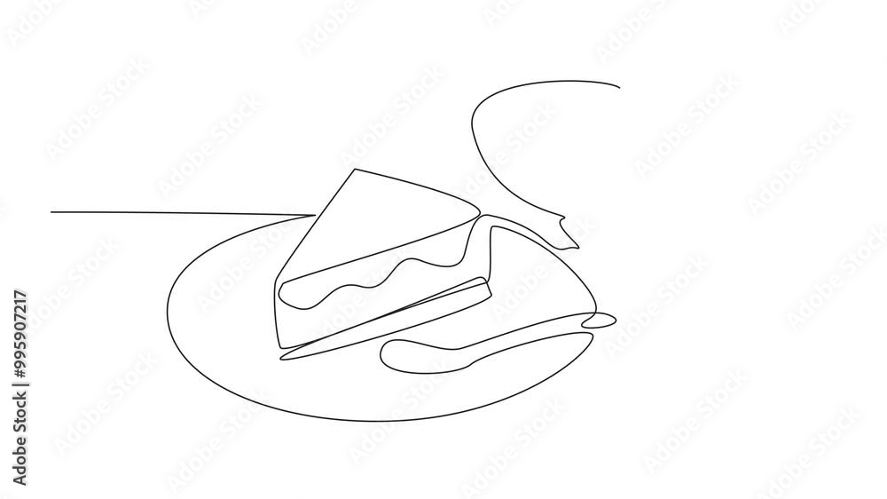 Poster animated self drawing of continuous one line drawing slice coconut torte on a small plate with cake 