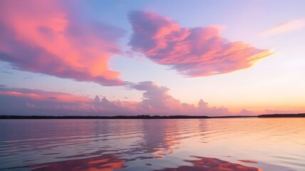 Sunset Sky with Colorful Clouds and Water Reflection