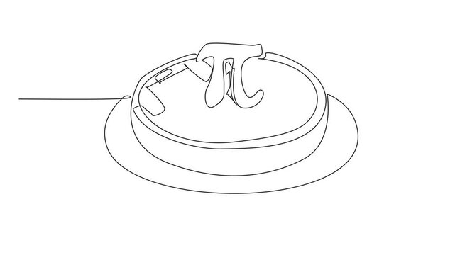 Animation of continuous line drawing apple pie round shaped cake with pi sign in the middle. Math is easy. The formula is as sweet as a snack. Single line self drawing animated. Full length motion