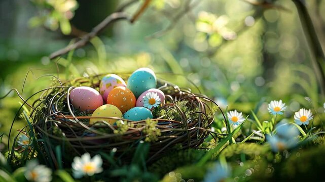 Easter eggs are nestled in a bird's nest surrounded by spring wildflowers
