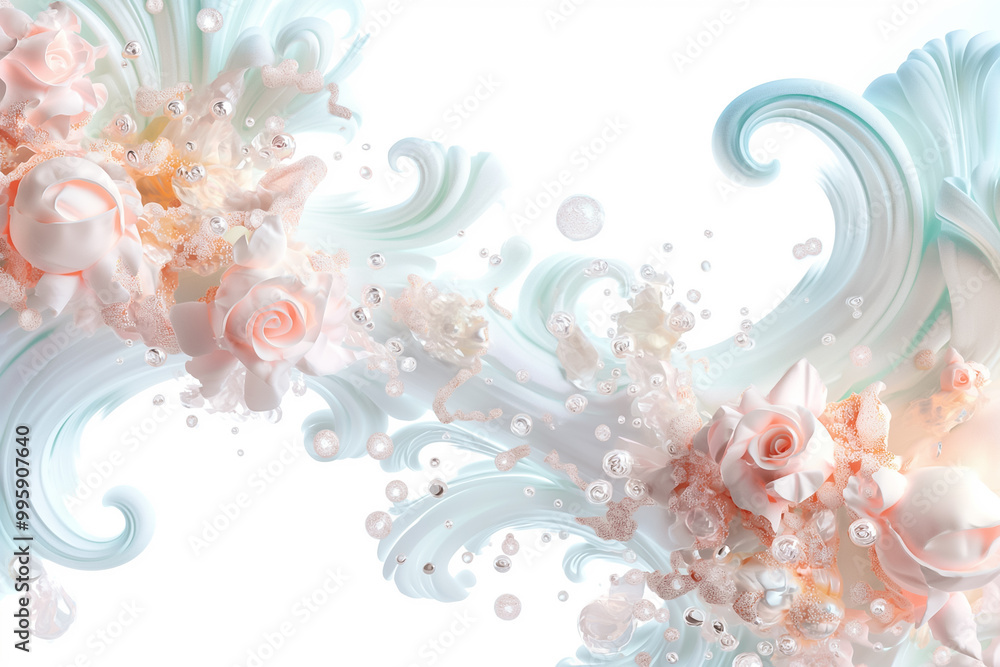 Poster this wallpaper design features soft pastel colors with elegant swirls adorned with delicate roses an