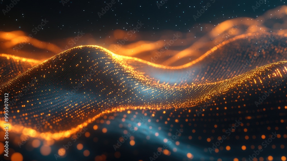 Poster a seamless wave of glowing particles in a hologram-like formation, flowing smoothly over a sleek dig