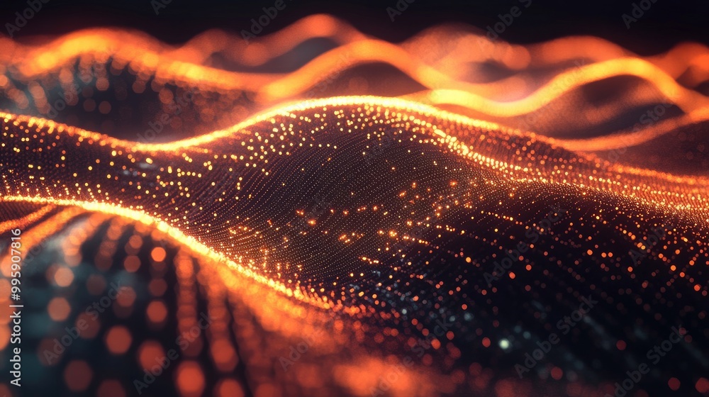 Poster a seamless wave of glowing particles in a hologram-like formation, flowing smoothly over a sleek dig